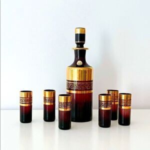 Antique Romanian Art Deco Amethyst Glass Decanter Set​